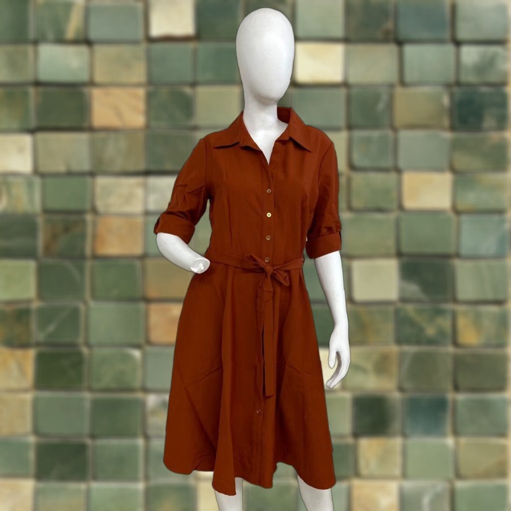 SHARAGANO Collared Tie Waist Scuba Crepe Dress Women's Size 16 A-Line Midi Brown Arabian Spice