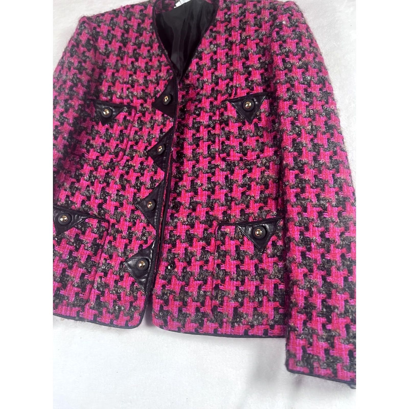 Vintage Vintage Carlisle Blazer Womens 6 Pink Wool Tweed Houndstooth Sequin Jacket 80s Size M / US 6-8 / IT 42-44 - 4 Thumbnail