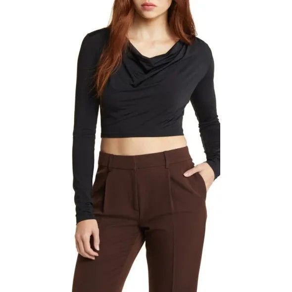 Other Open Edit Cowl Neck Long Sleeve Crop Top, Black, S Size S / US 4 / IT 40 - 2 Thumbnail