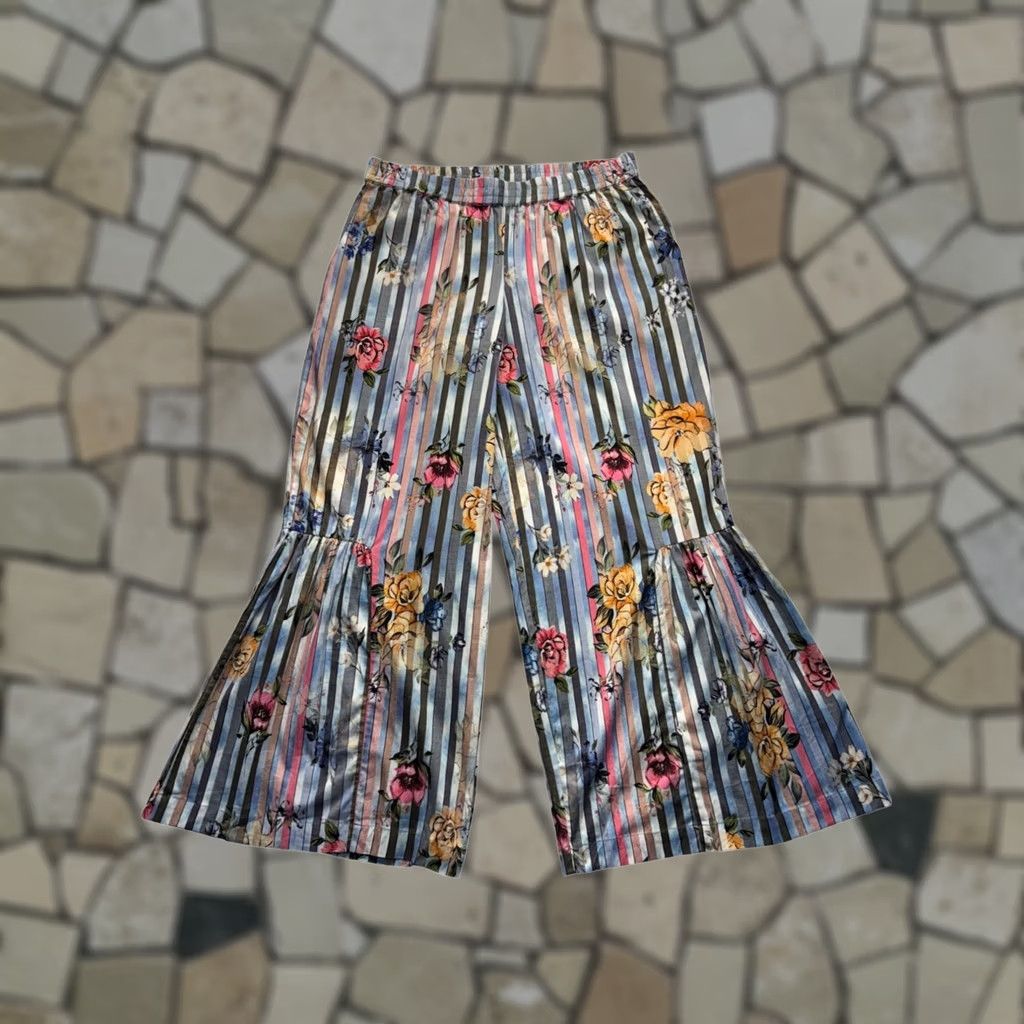 IOLANI Tolani Collection Striped Floral Wide-Leg Pants Womens S Blue Cotton Viscose Small SP 267B Size 28" / US 6 / IT 42 - 1 Thumbnail