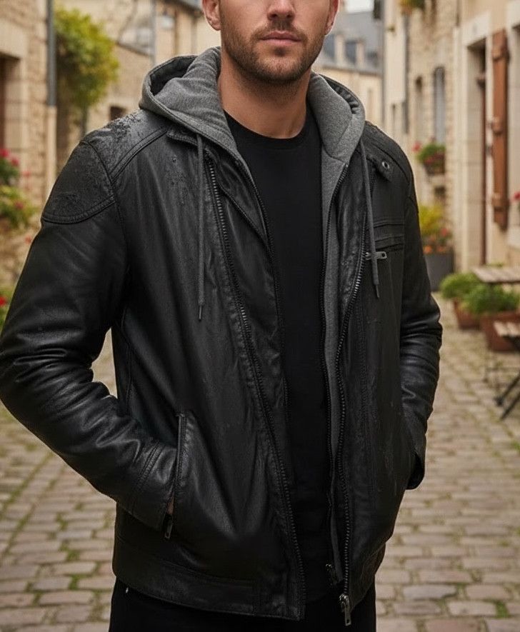 Perry Ellis Perry Ellis Men’s Black Faux Leather Hooded Moto Jacket Size US XL / EU 56 / 4 - 1 Thumbnail