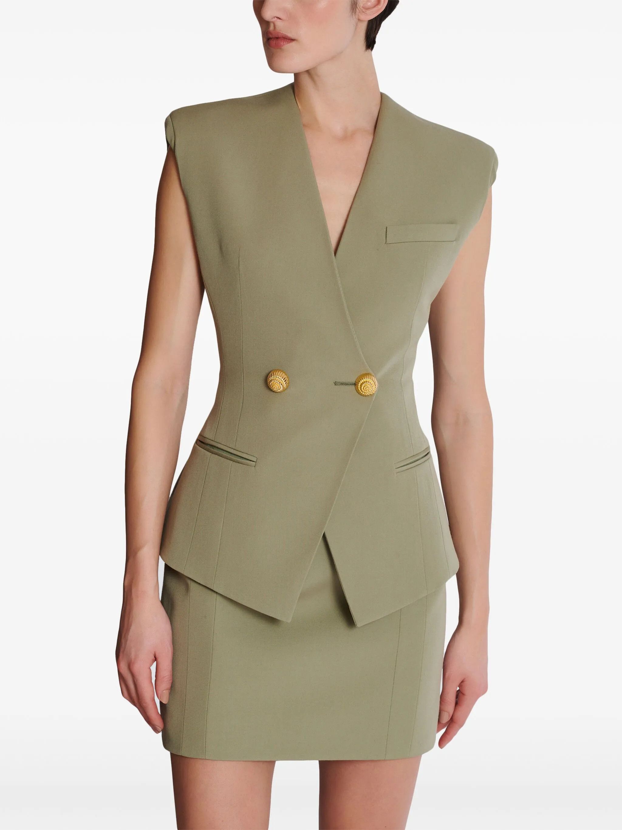 Balmain o1s1wg111025 Buttoned Grain De Poudre Waistcoat in Green Size M / US 6-8 / IT 42-44 - 6 Thumbnail