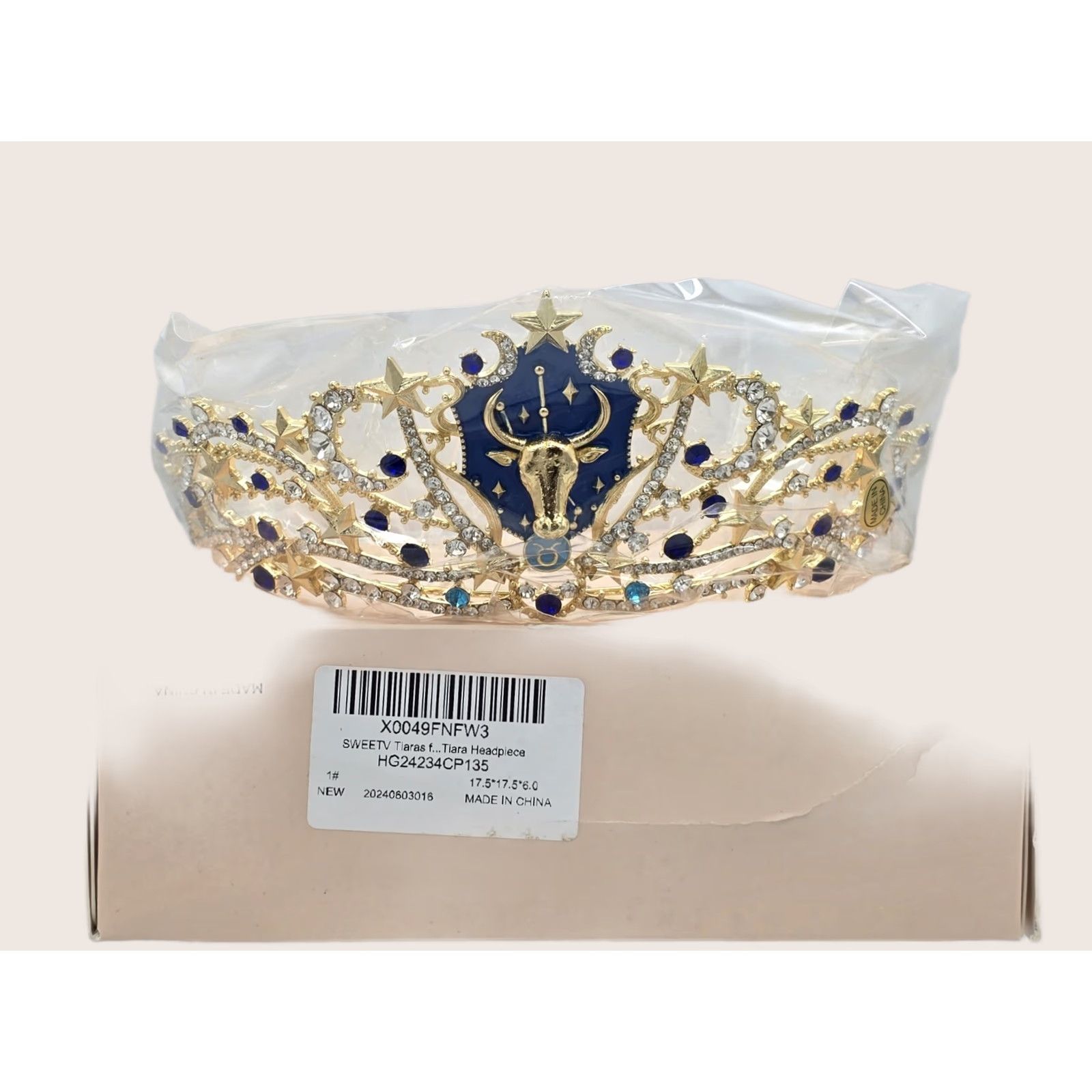 Vintage SWEETV Zodiac Crown/Tiara - Gold/Silver/Aqua/Blue - Symbol Taurus Headpiece Womens Wedding Party/Cocktail Formal Rhinestone Bull 90s? Size ONE SIZE - 1 Thumbnail