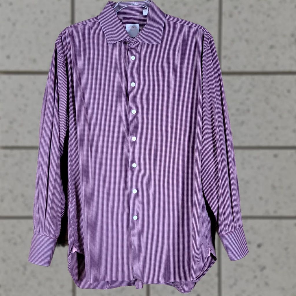 Pinko PINK Shirtmaker London Mens Athletic Fit Dress Shirt 17 Regular Sleeve Burgundy Check Long Sleeve Size 46R - 1 Thumbnail