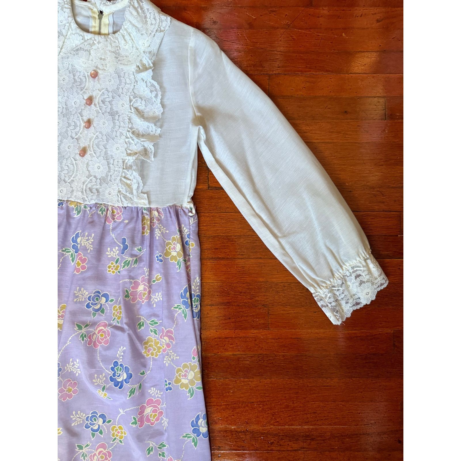 Vintage 50s Handmade White Lavender Lace Floral Prairie Dress XXS Size XS / US 0-2 / IT 36-38 - 6 Thumbnail