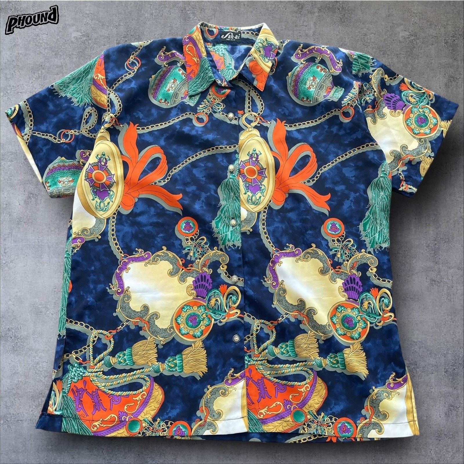 Vintage San-ai Shirt Womens XL Navy Baroque Chain Tassel Print Silky Size XL / US 12-14 / IT 48-50 - 1 Thumbnail