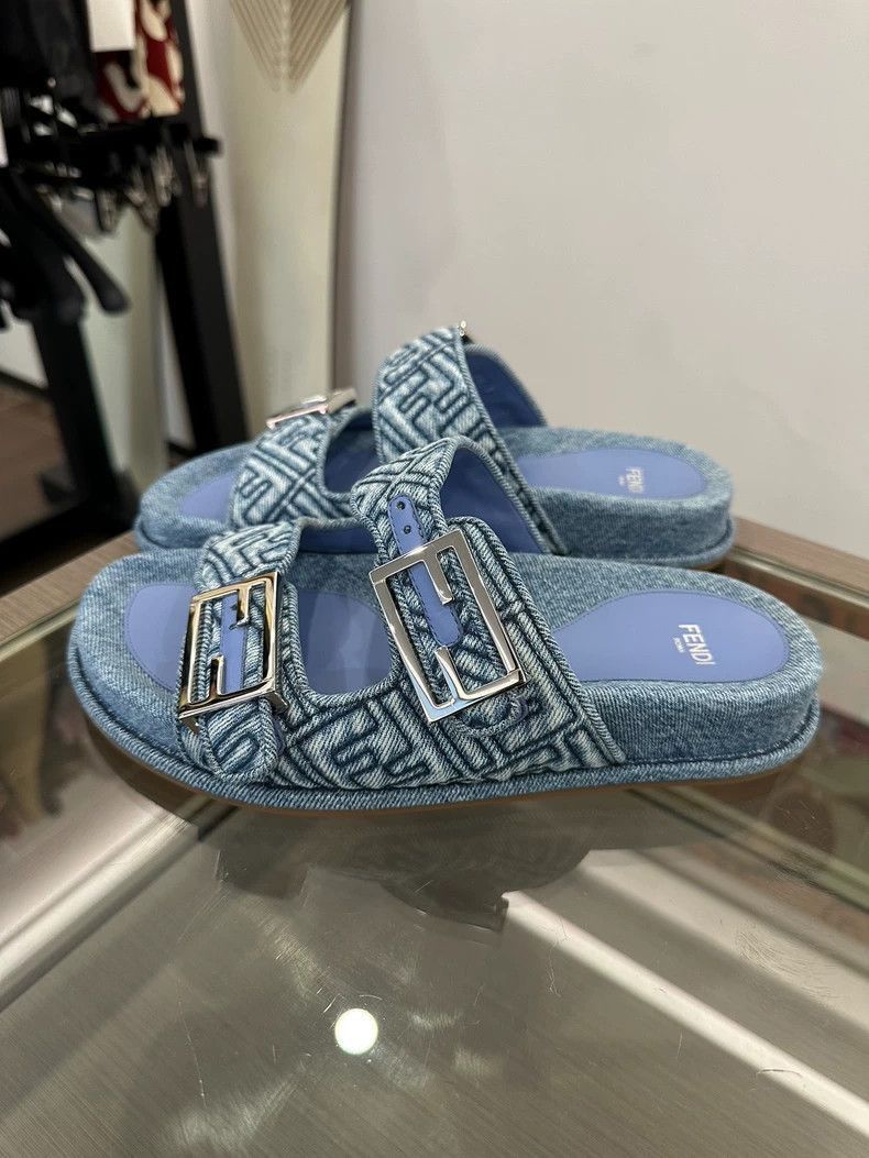 Fendi Fendi Blue Denim Logo Slide Sandals Size US 7.5 / EU 40-41 - 3 Thumbnail