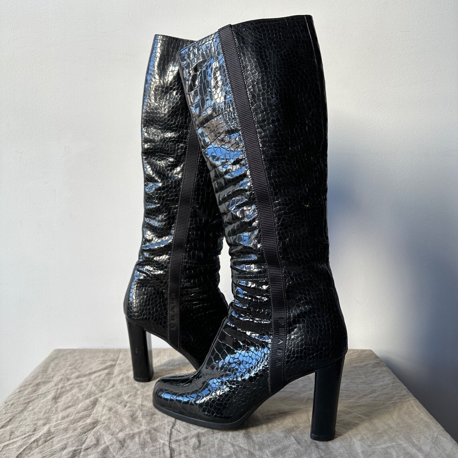 Prada Patent Leather Heel Shoes Knee Boots 8287Ac in Black, Women's