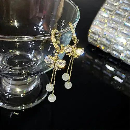 Other Women's Crystal Bow Tassel Dangle Drop Hoop Earrings Size ONE SIZE - 2 Thumbnail