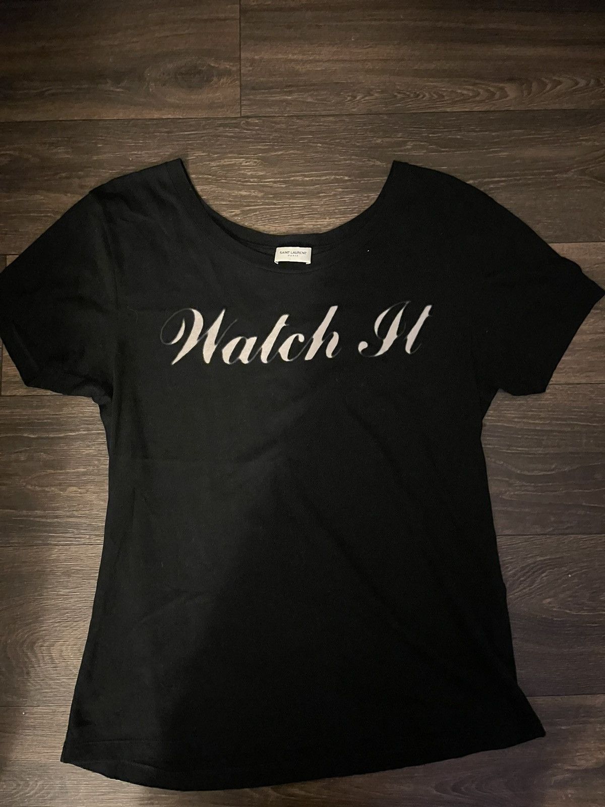 image of Saint Laurent Paris Saint Laurent ‘ Watch It ‘ Tee in Black, Men's (Size Medium)