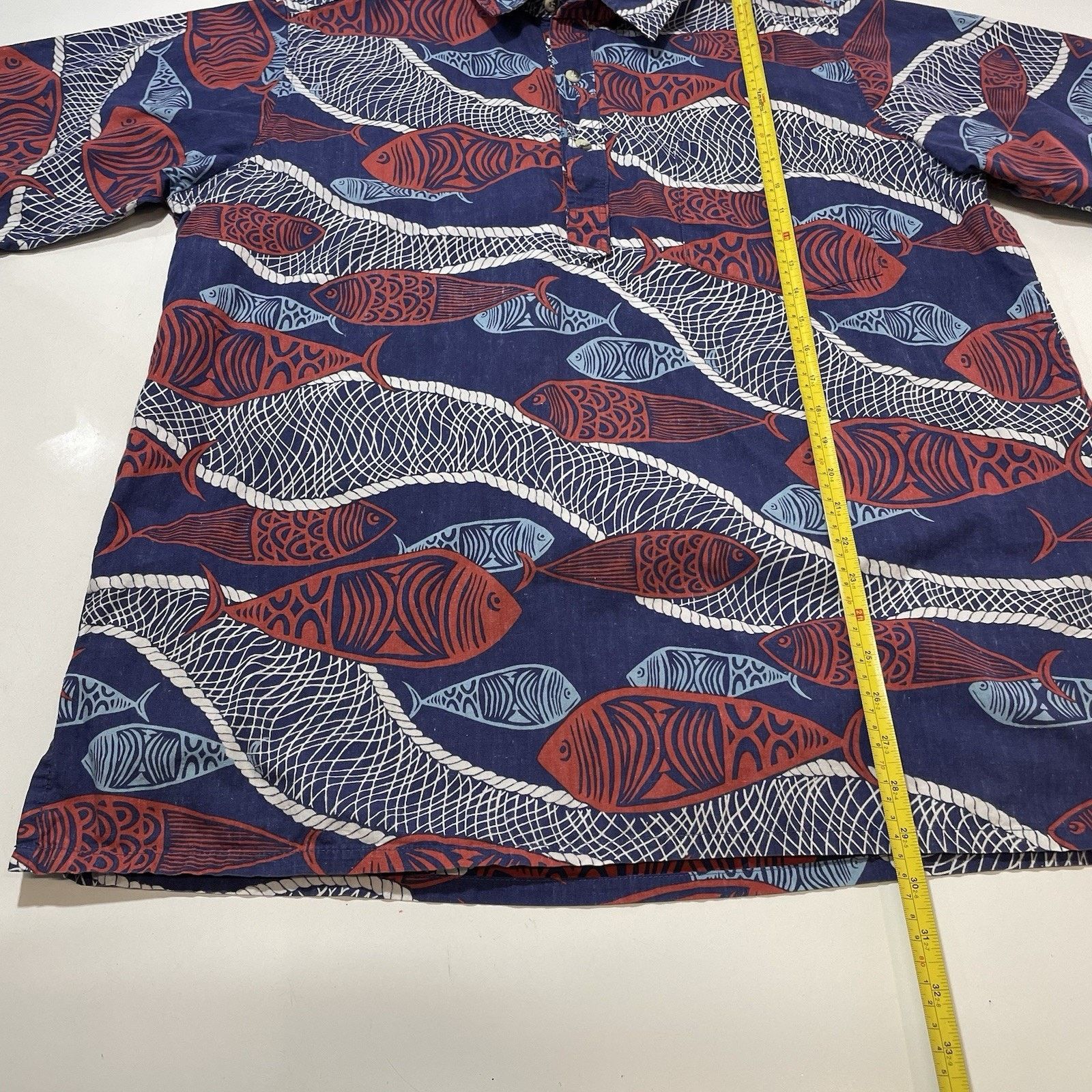 ALOHAS Go Barefoot Hawaiian Shirt Men’s Lg Blue Fish Reverse Print Size US L / EU 52-54 / 3 - 4 Thumbnail