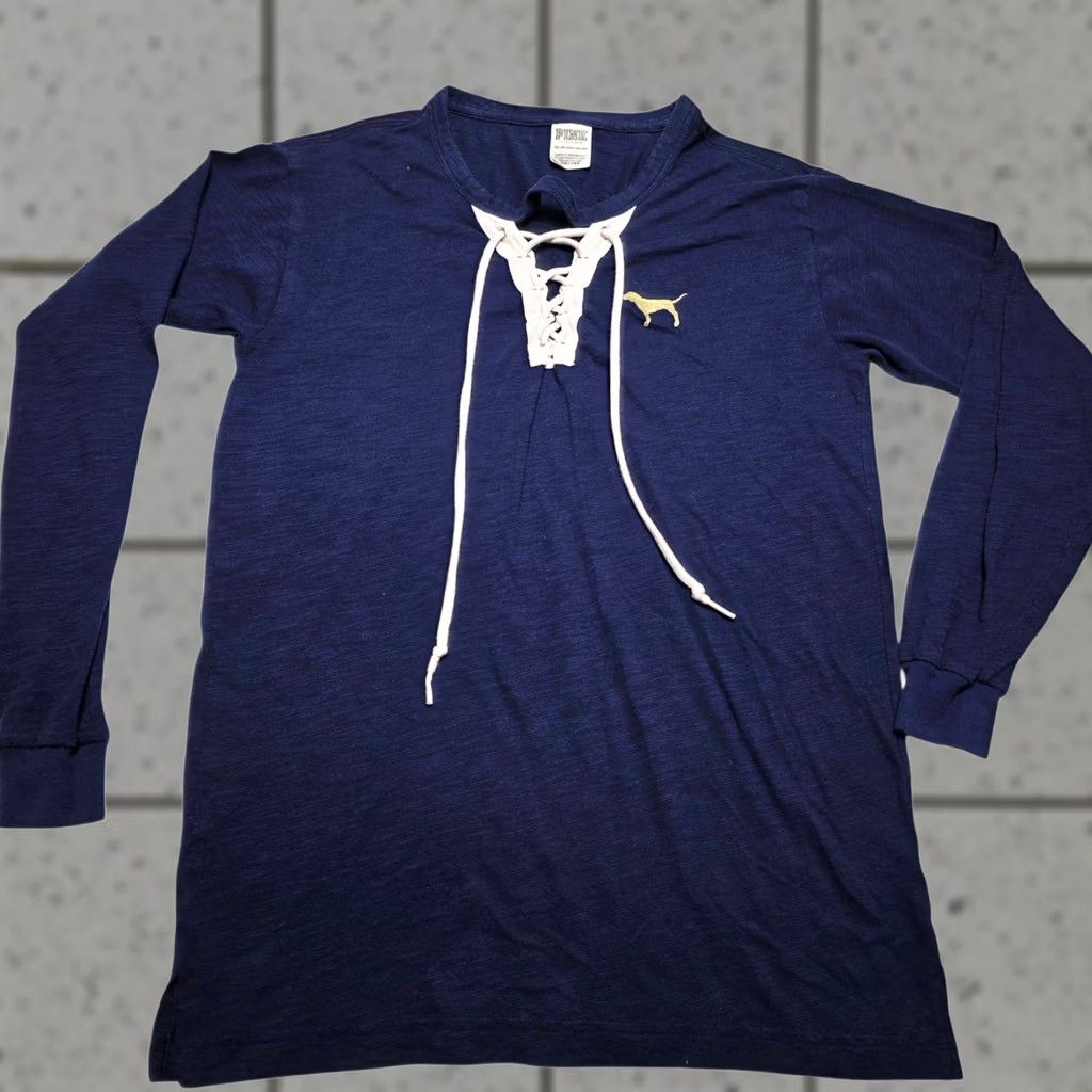 Victoria's Secret V S Victoria Secret Pink Long Sleeve Shirt Lace Up Embellished XS Blue Womens T-Shirt Size XS / US 0-2 / IT 36-38 - 1 Thumbnail
