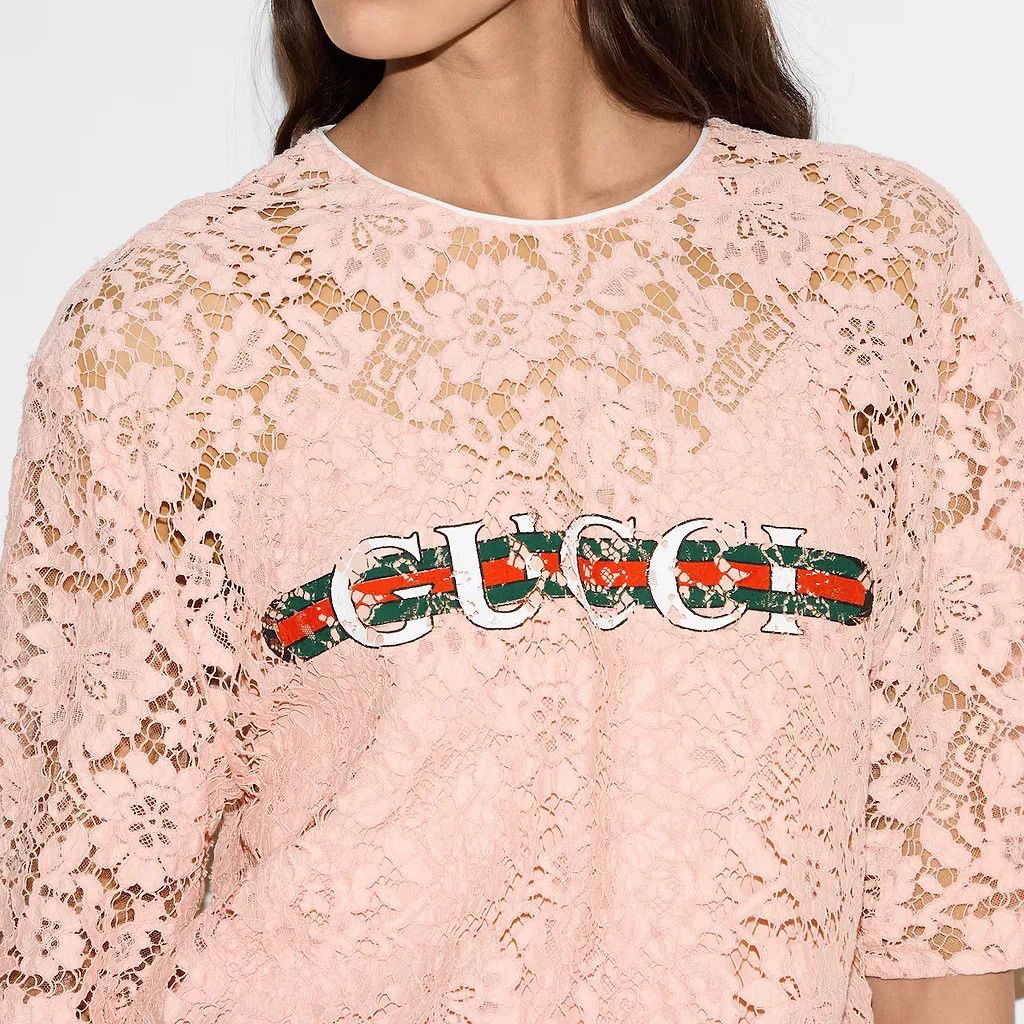 Gucci o1B3y1r0526 Floral Lace Short Sleeve T-Shirt in Pink Size M / US 6-8 / IT 42-44 - 2 Thumbnail