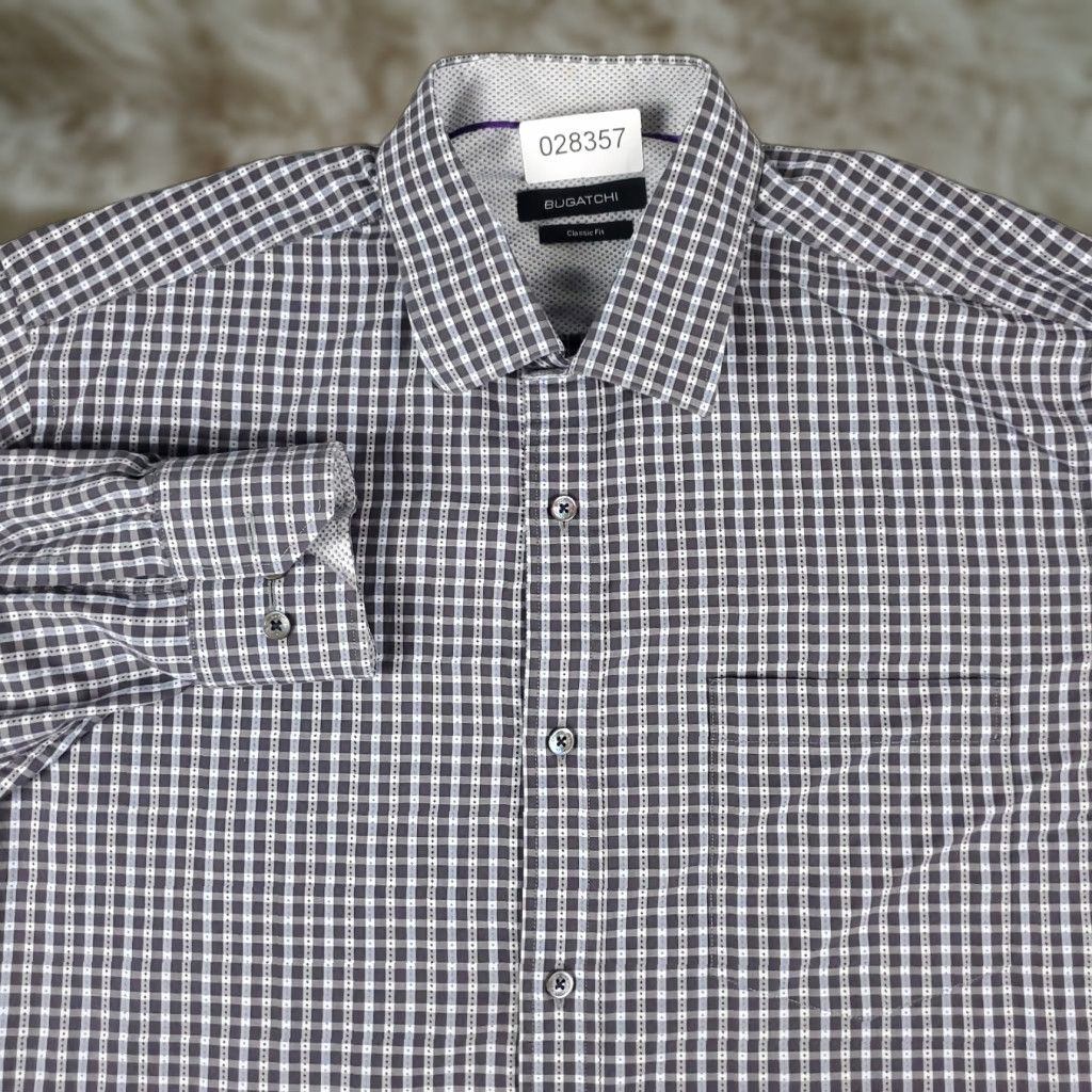 BUGATCHI Bugatchi Uomo Shirt Mens XL Gray Plaid Button-Up Long Sleeve Cotton Classic Fit Size US XL / EU 56 / 4 - 1 Thumbnail