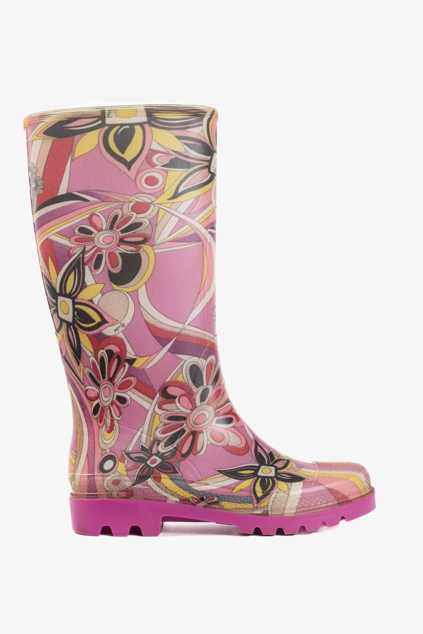 Emilio Pucci Emilio Pucci Pink Floral-Printed Rubber Rain Boots Size US 7.5 / IT 37.5 - 1 Thumbnail