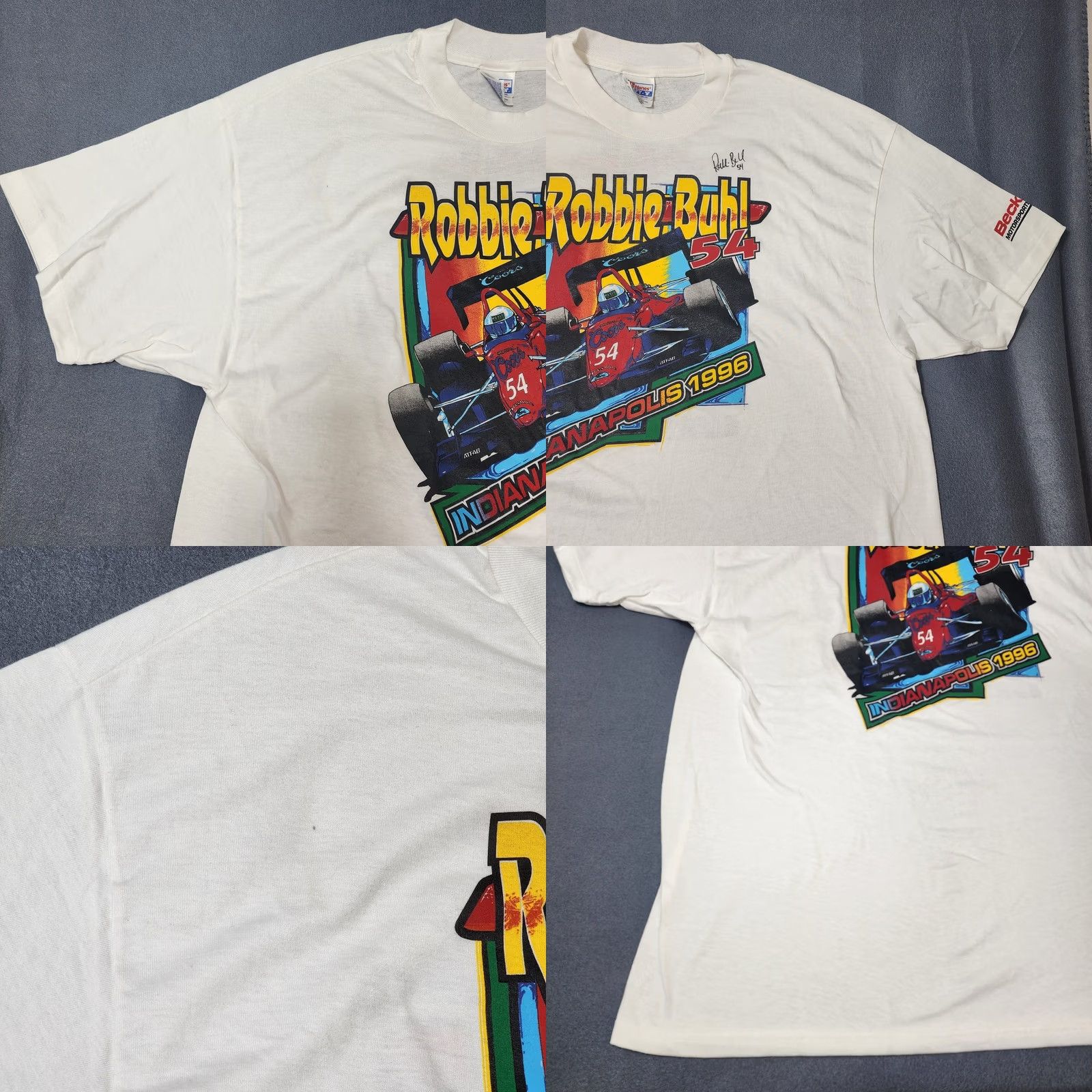Hanes VINTAGE Hanes Beefy T Robbie Buhl #54 Coors Indy Racing League 1996 Mens 2XL (XXL) White Crew Neck Short Sleeve Shirt Size US XXL / EU 58 / 5 - 8 Thumbnail