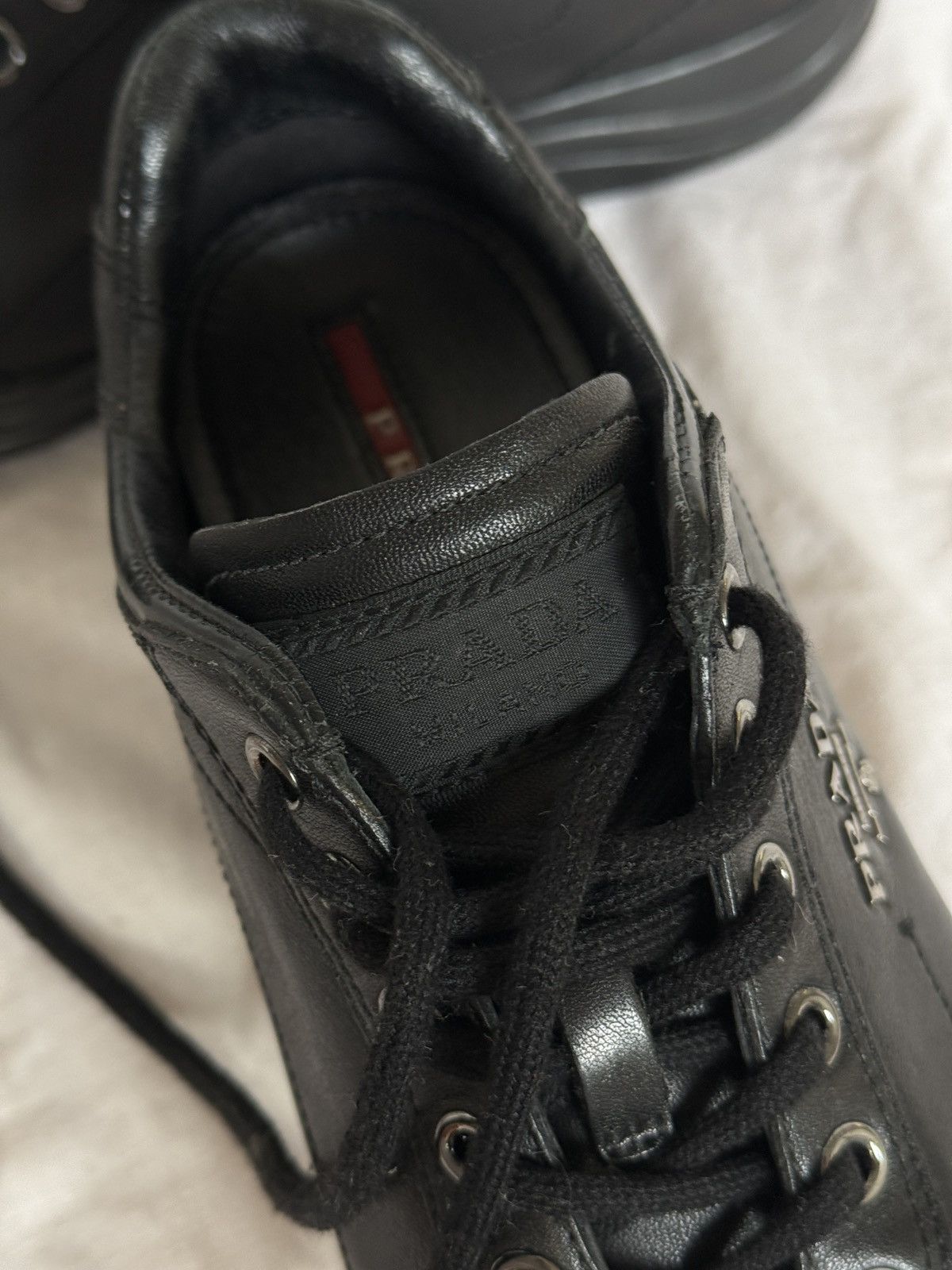 Prada Prada Black Leather Low Top Sneakers Metal Logo Size US 5.5 / IT 35.5 - 6 Thumbnail