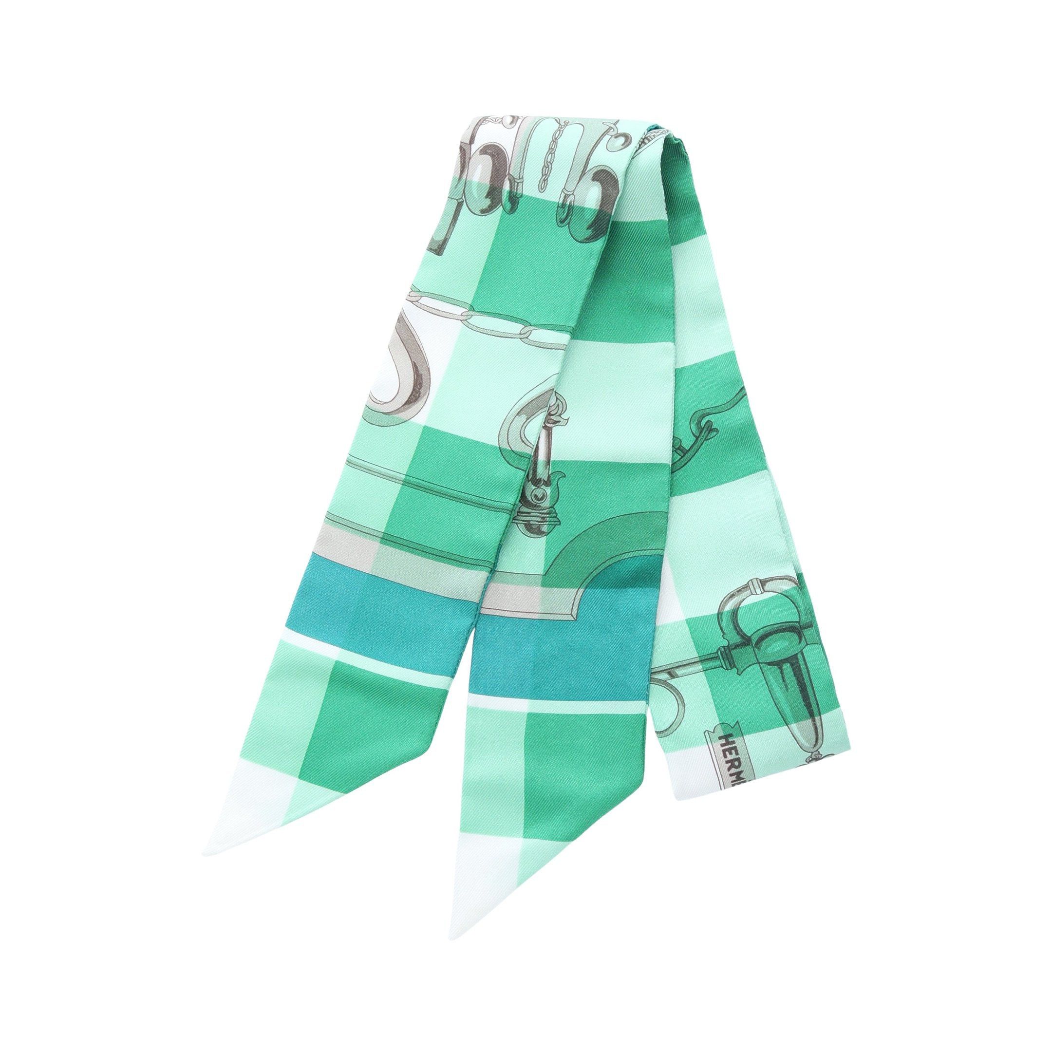 Hermes Hermes Twilly Mors Et Gourmettes Vichy Ribbon Scarf Silk Green Multicolor Size ONE SIZE - 1 Thumbnail