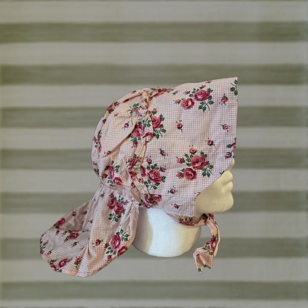 Vintage VINTAGE Bonnet Sun Hat Pink Floral 1970s Handmade Cotton Womens Hair Accessory Prairie Americana Bonnet Size ONE SIZE - 1 Thumbnail