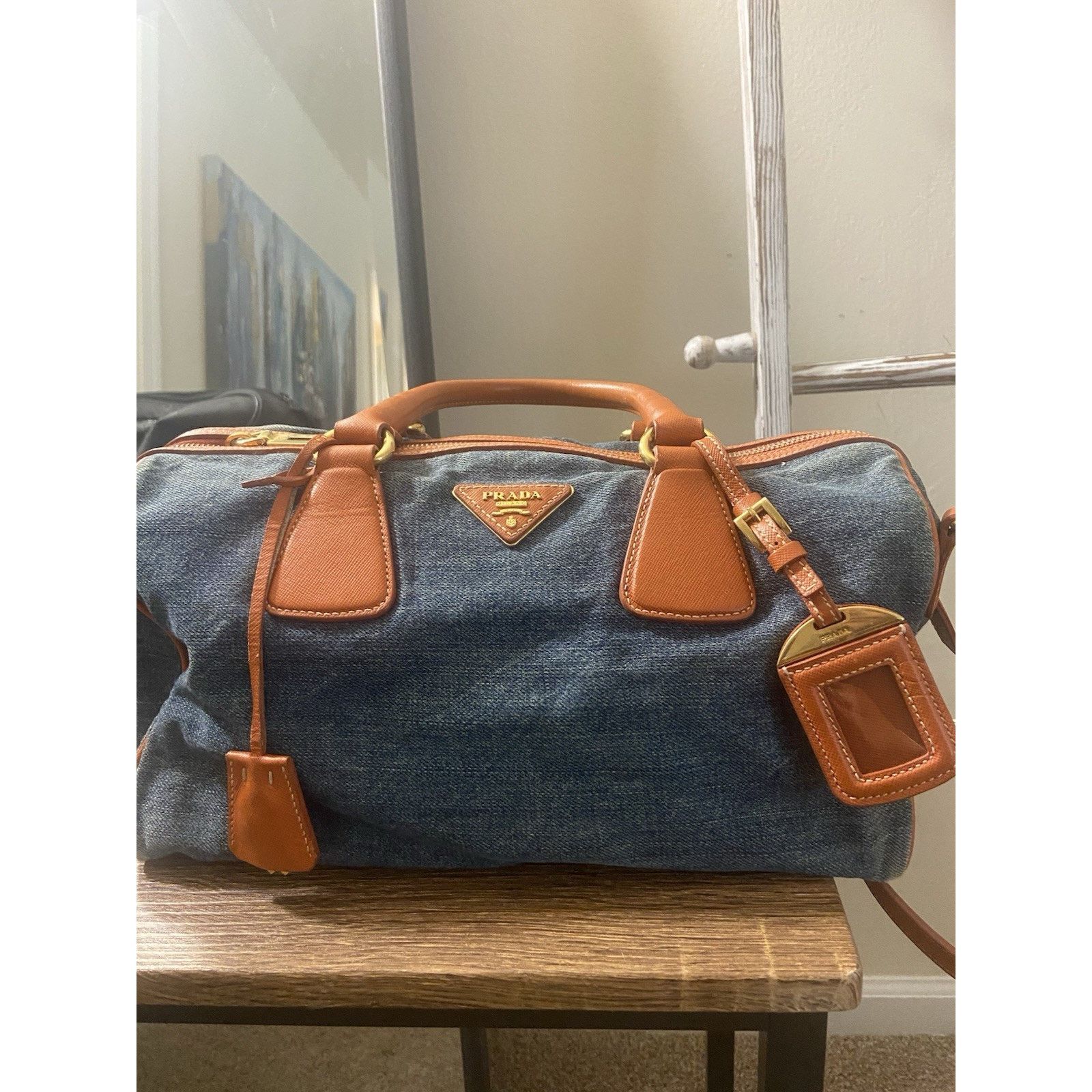 Prada Prada Bauletto blue denim orange saffiano 2way handbag, good Size ONE SIZE - 3 Thumbnail