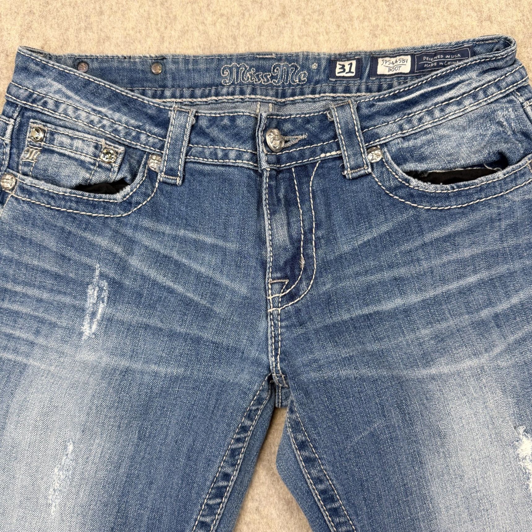 Miss Me Miss Me Bootcut Jeans Womens 31 Distressed Pockets Rhinestone Denim Blue 31 Inseam Jeans Women Bling VINTAGE Size 24" / US 00 / IT 34 - 3 Thumbnail
