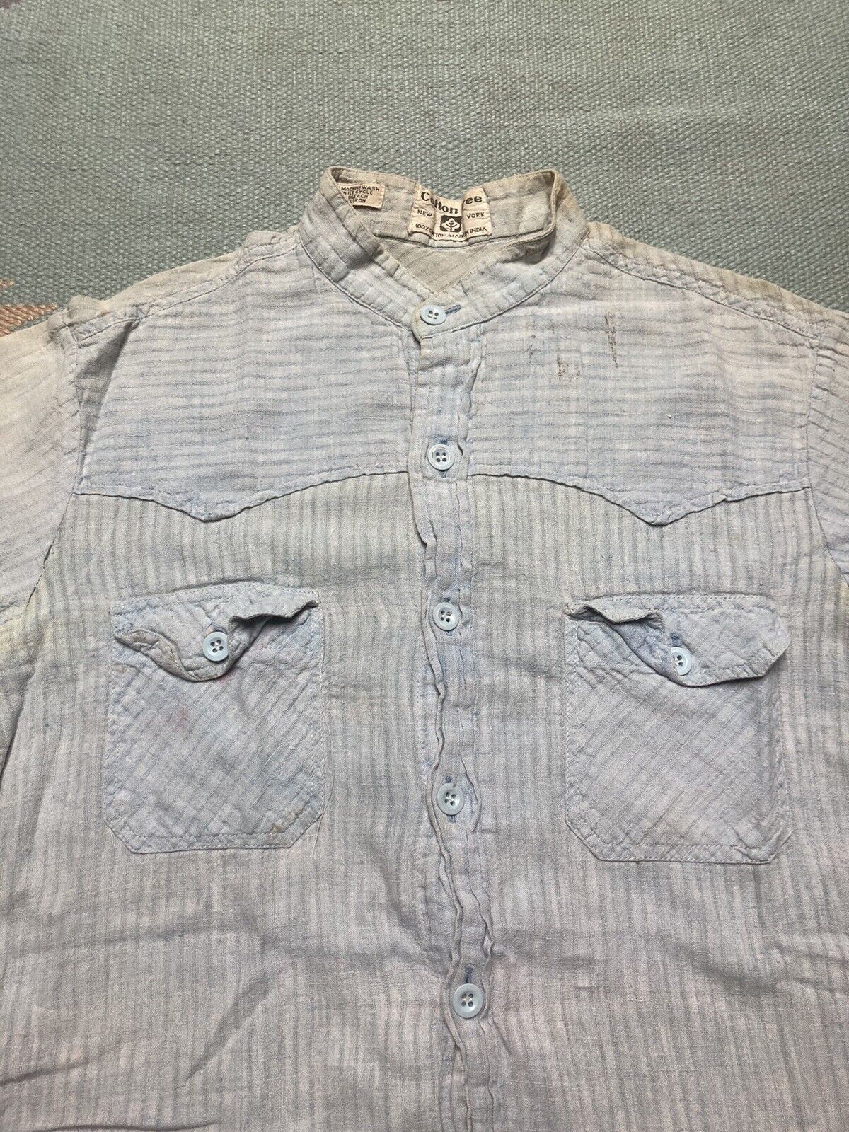 Vintage VTG 70s button shirt cotton chambray thin collarless large Size US L / EU 52-54 / 3 - 3 Thumbnail