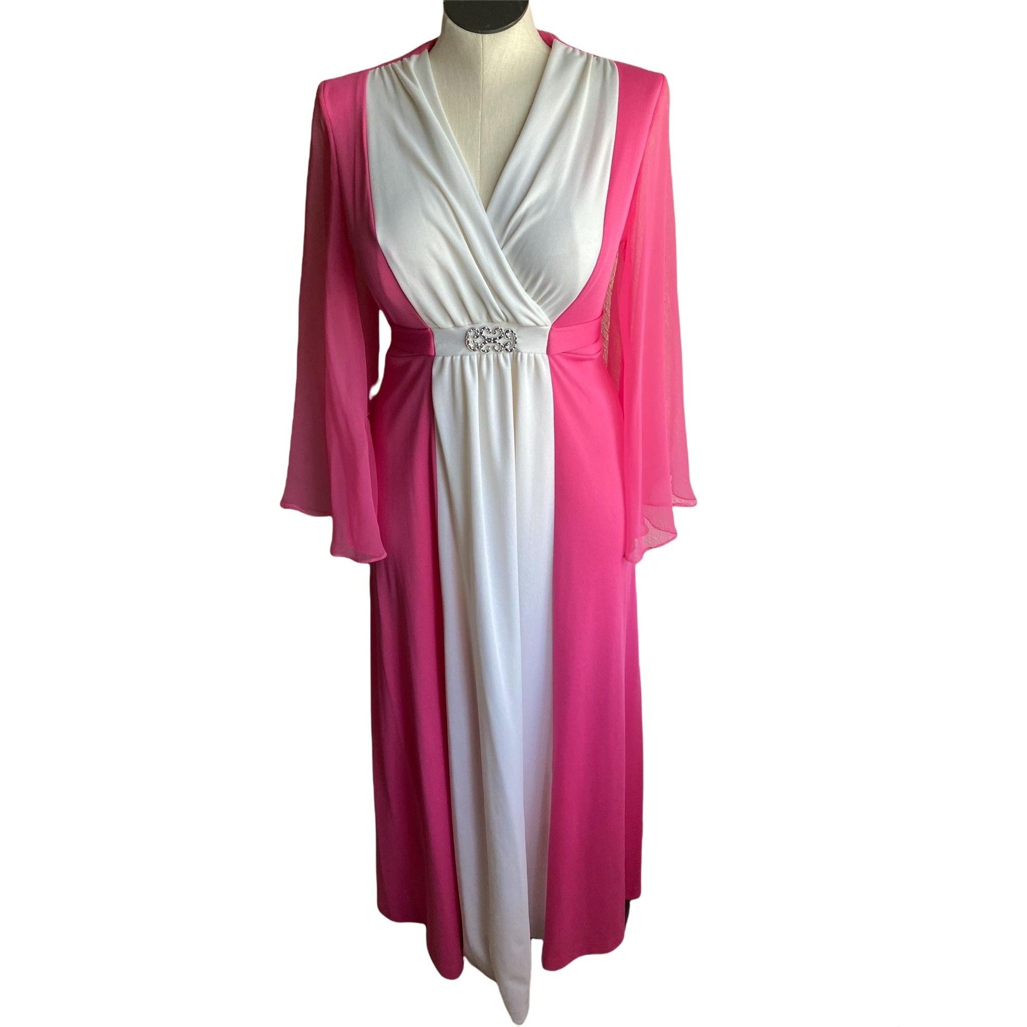 image of Union Made Vintage 70's Pink And White Evening Gown With Attached Belt in Pink/White, Women's (Size