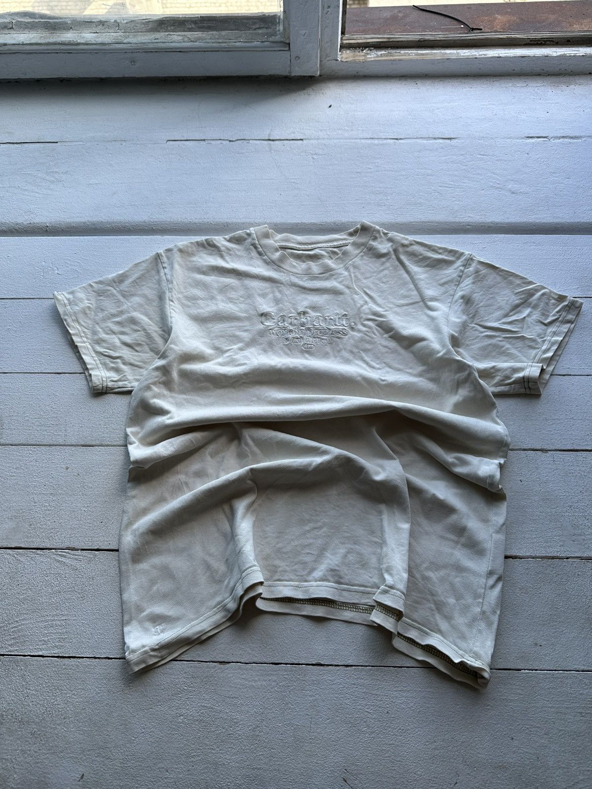 Carhartt × Vintage DISTRESSED CARHARTT BIG LOGO BEIGE TEE TRUE RAP WORKWEAR Y2K Size US S / EU 44-46 / 1 - 1 Thumbnail