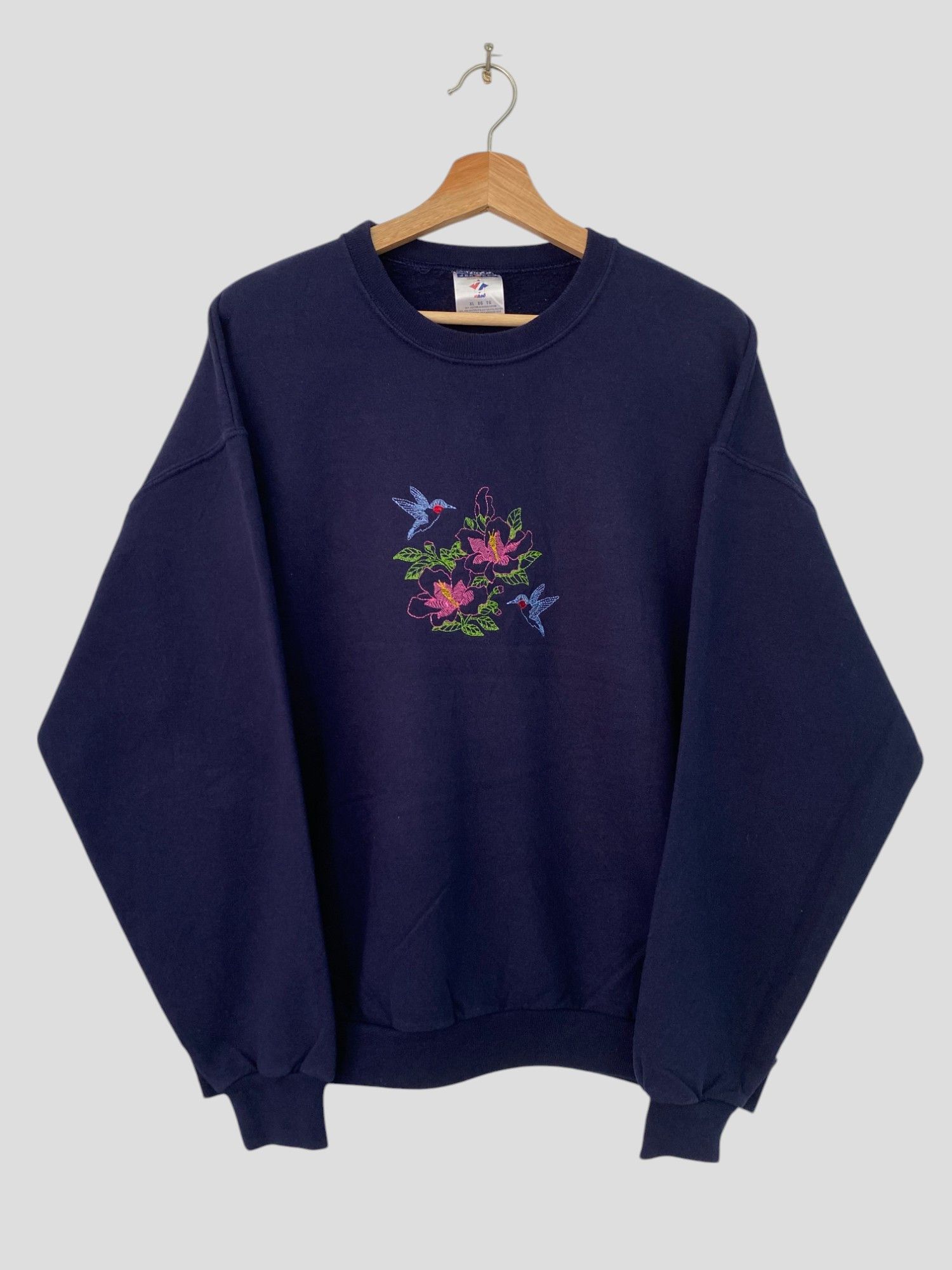 Vintage Humming Bird Flower Sweatshirt Blueblack Extra Large