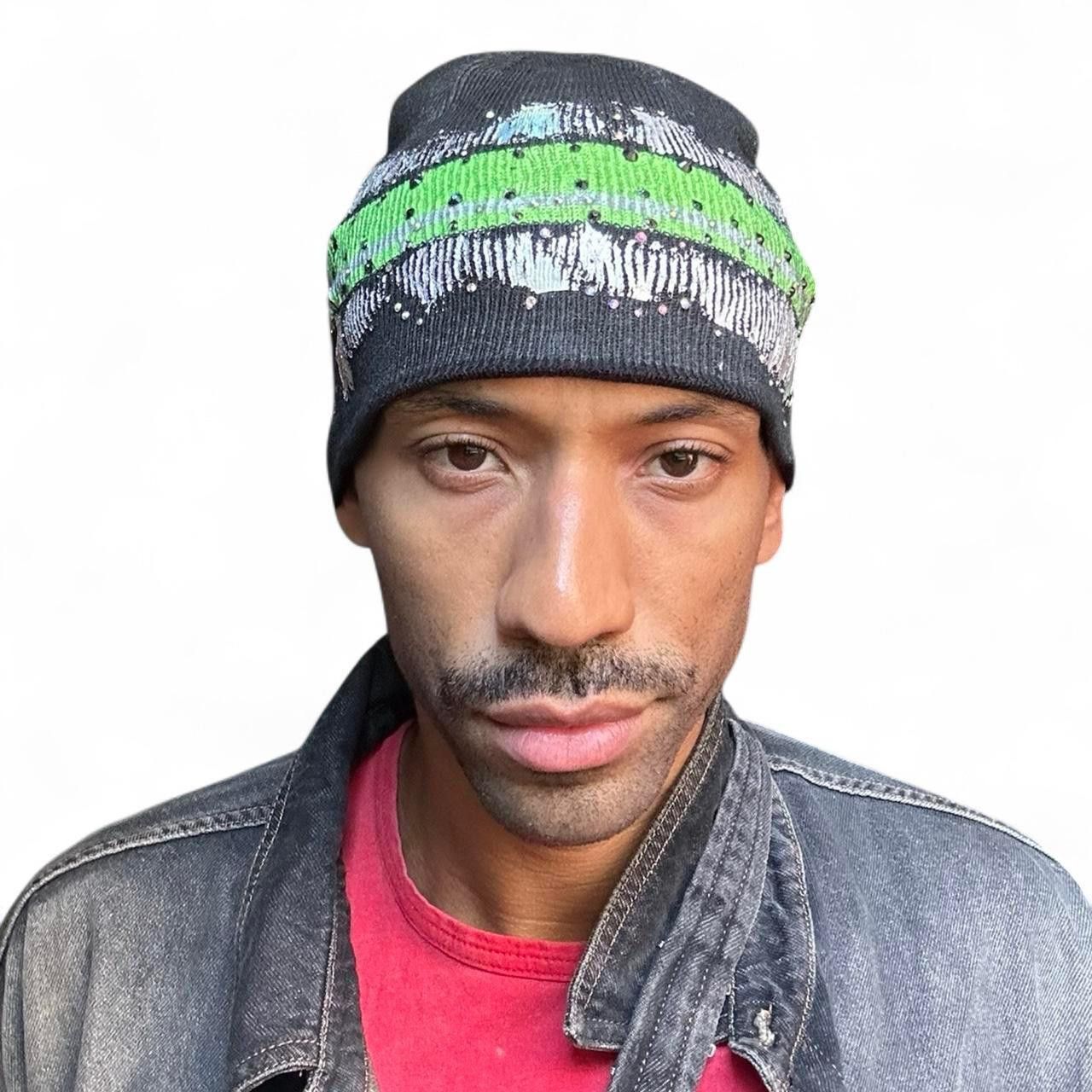 Vintage ASTROBOI Grey Beanie w/ Green Stripe & Rhinestones – OS* Size ONE SIZE - 8 Thumbnail