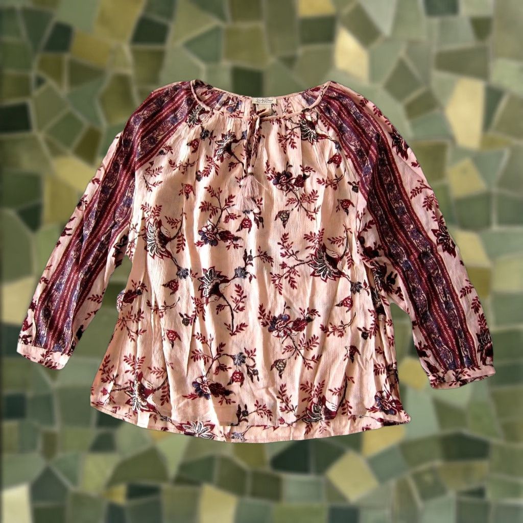 Lucky Brand Lucky Brand Blouse Long Sleeve Tunic Peasant Floral 100% Rayon Pink Large Women Size L / US 10 / IT 46 - 1 Thumbnail