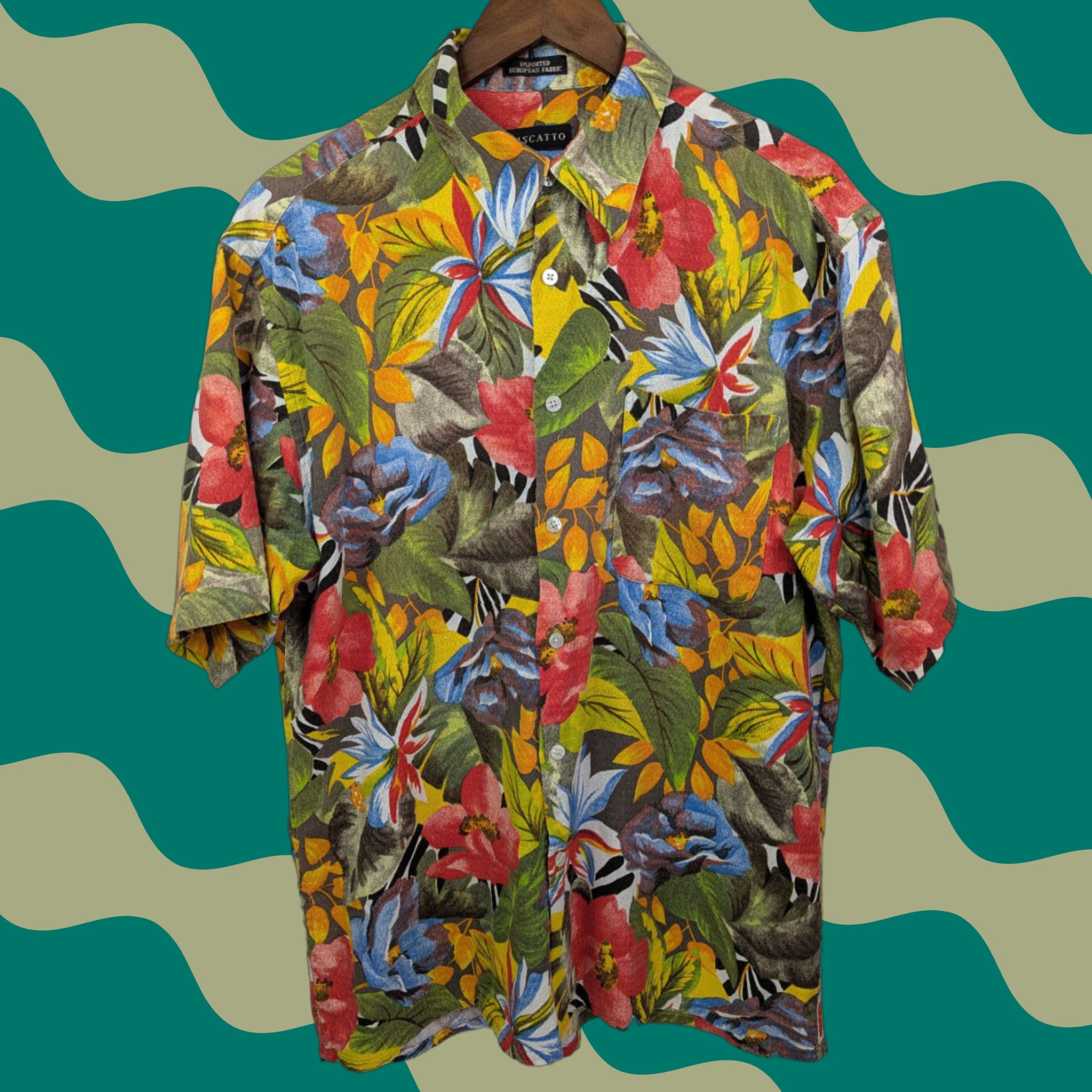 VINTAGE Riscatto Shirt L Multicolor Colorful Abstract Floral Button Casual Geometric Knit Cotton Rayon Short Sleeve Button-Up Collared Spread Mens