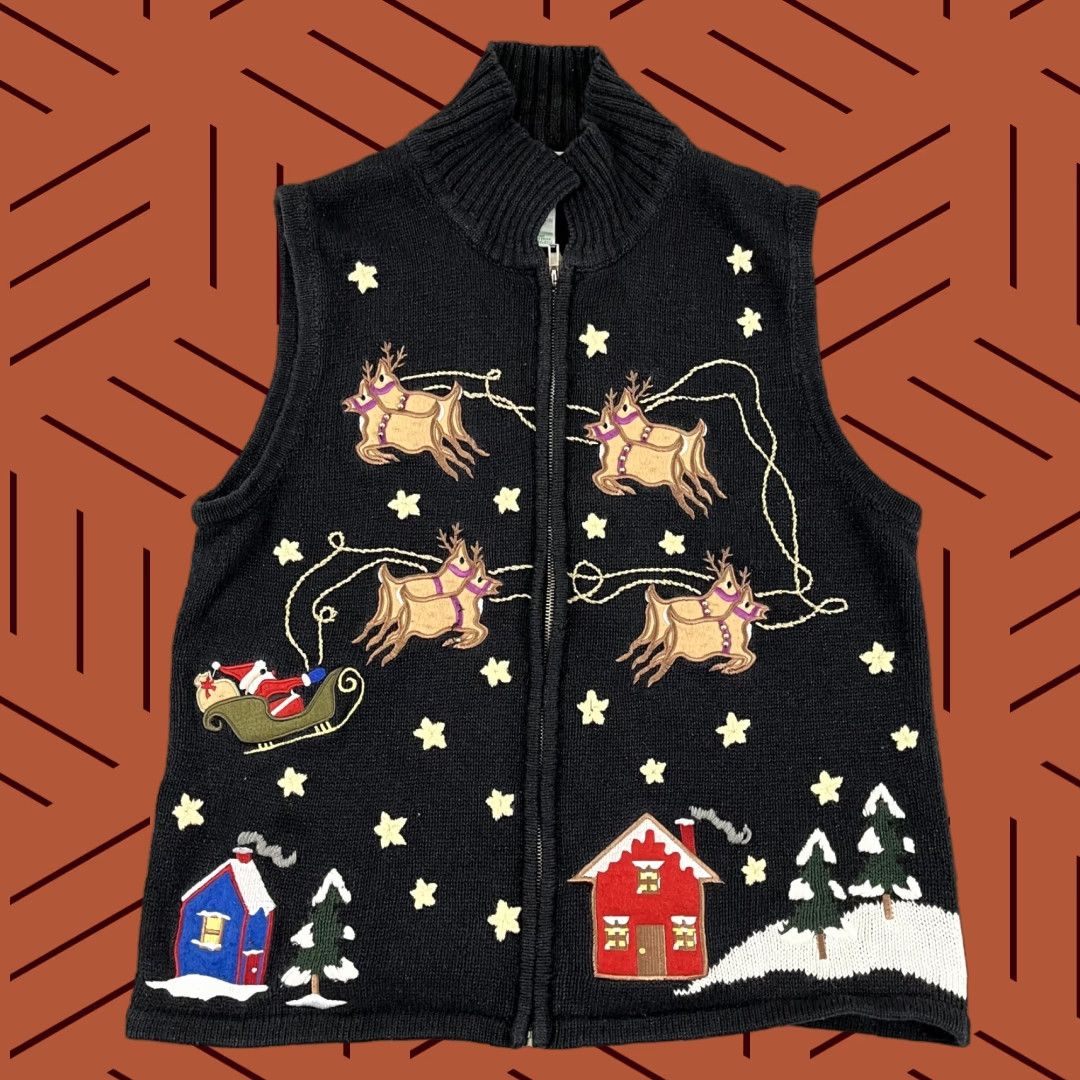 Quacker Factory Quacker Factory Sweater Vest Women Medium Black Reindeer Santa Christmas Holiday Size M / US 6-8 / IT 42-44 - 1 Thumbnail