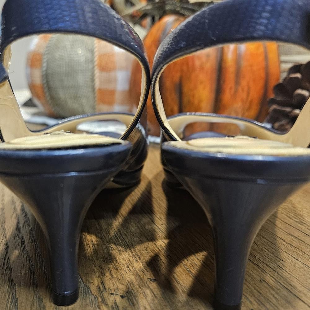 Designer Alluring Alex Marie Navy Blue Open-Toe Heels Size US 5.5 / IT 35.5 - 5 Thumbnail