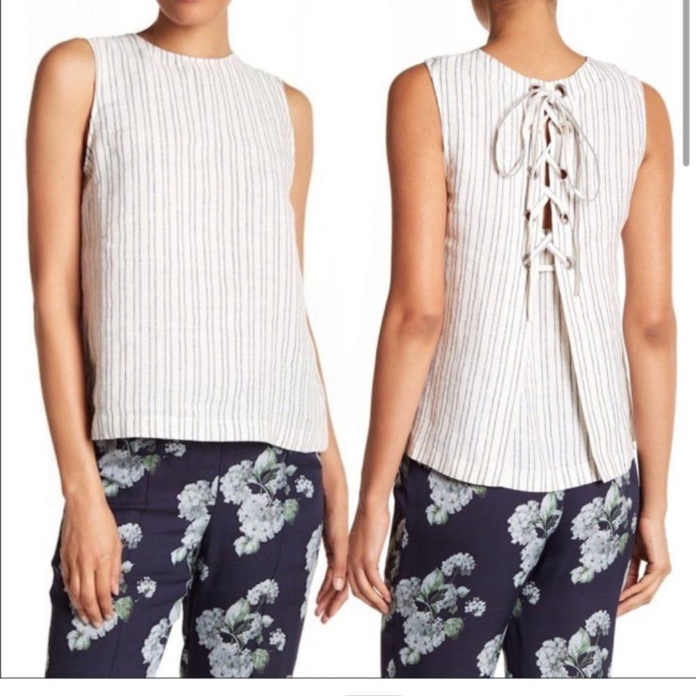 Theory Theory Womens Striped Lace Up Back Linen Tank Size Petite Small Size XS / US 0-2 / IT 36-38 - 7 Thumbnail