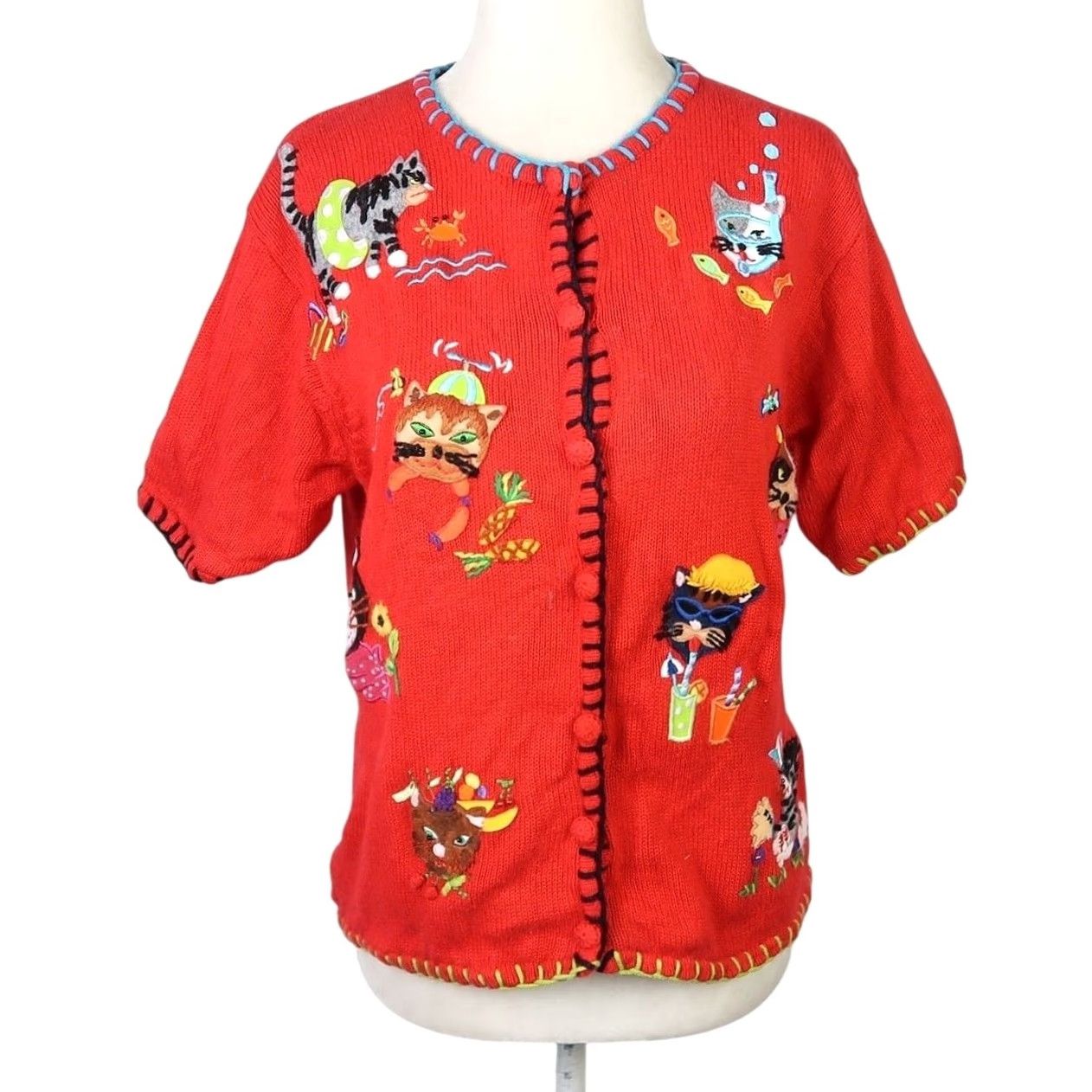 CO VINTAGE 90s M.C. & Co Red Cat Embroidered Cardigan Sweater S Womens Short Sleeve Knit Cotton Ramie Beaded Casual Spring Summer 90s Cats motif Size S / US 4 / IT 40 - 2 Thumbnail