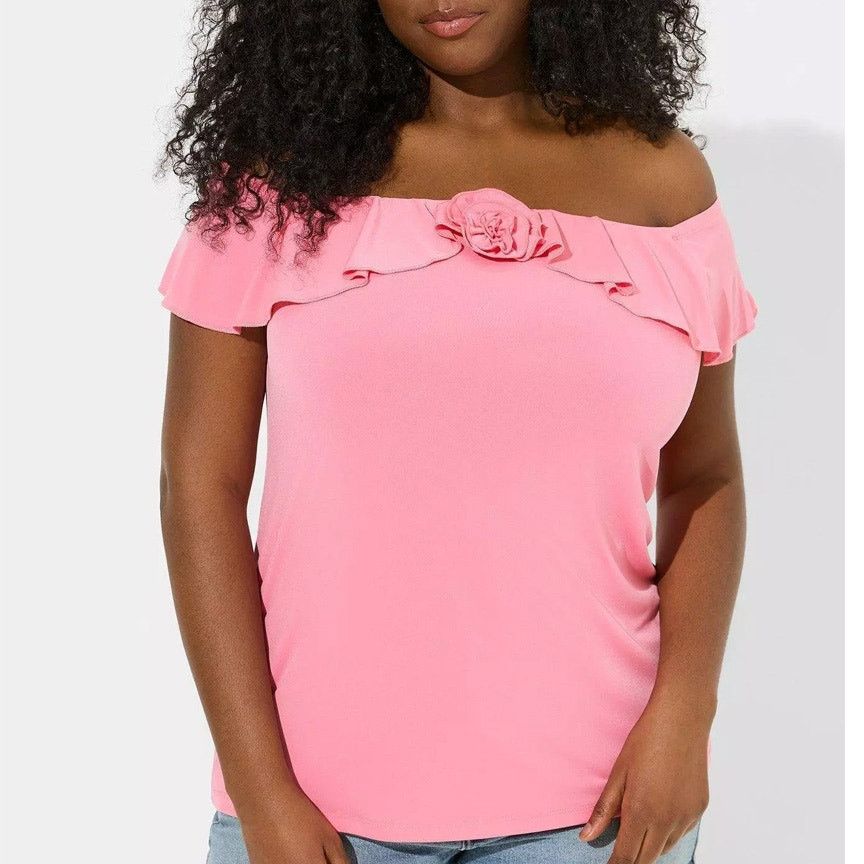 Corridor Torrid Blouse 2X Studio Knit Off Shoulder Ruffle Rosette Size XXL / US 16-18 / IT 52-54 - 2 Thumbnail