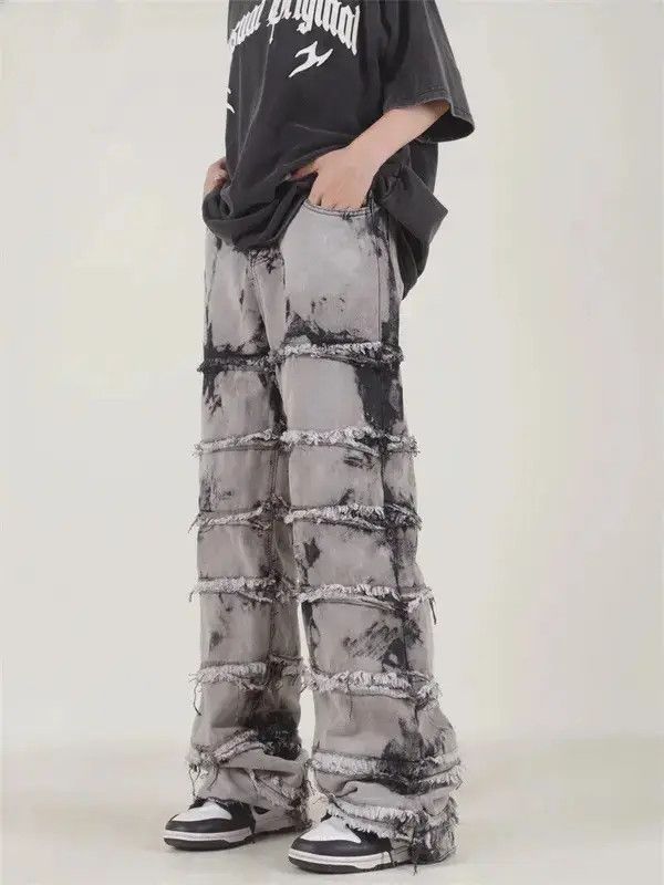 Japanese Brand Striped Tassel Frayed Straight Baggy Jeans Size US 32 / EU 48 - 2 Thumbnail