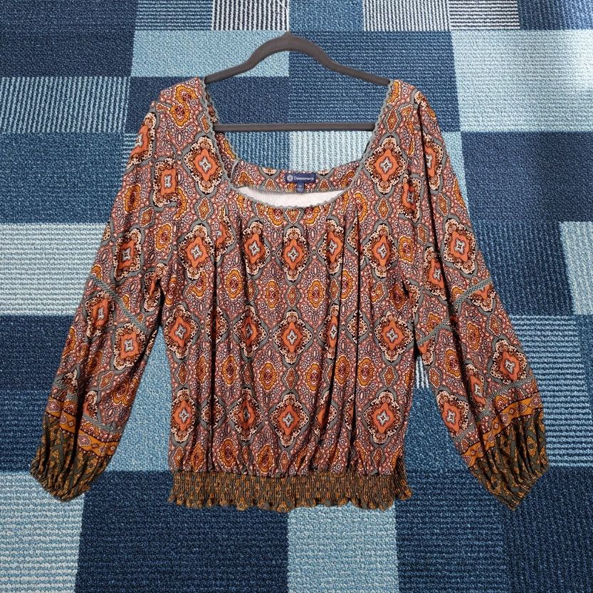 Democracy Blouse Shirt Womens 1x Plus Geometric Square Neck Blouson Sleeve Smocked Boho Lightweight Stretch Multicolor Spring Summer Everyday Casual, Women's (Size Xl)