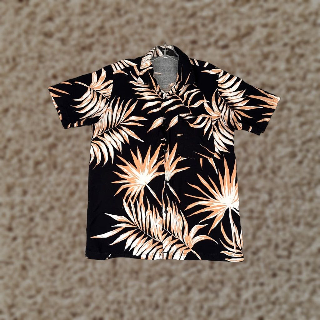 Vintage Hawaiian Shirt Men Large Black Beige White Floral Leaf Button Up Cotton Pocket Size US L / EU 52-54 / 3 - 1 Thumbnail