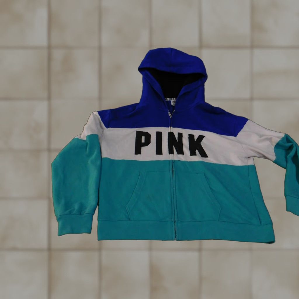 Pinko PINK Victoria's Secret Hoodie Womens Medium Blue White Teal Full Zip Colorblock Size M / US 6-8 / IT 42-44 - 1 Thumbnail