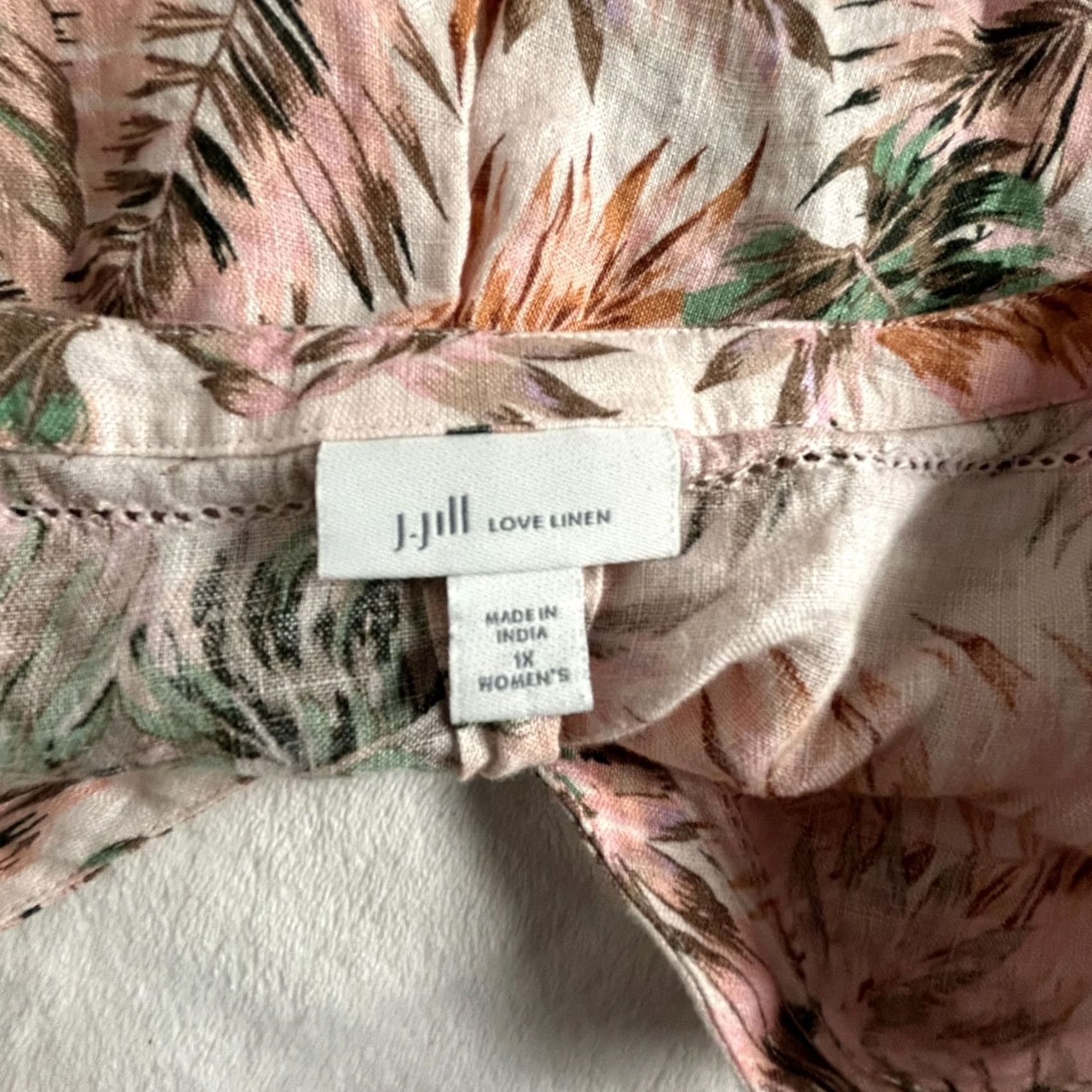 J. Jill J.Jill Love Linen Blouse Top 1X Pink V-Neck 3/4 Sleeve Tropical Print Lightweight Womens Shirt Size XL / US 12-14 / IT 48-50 - 3 Thumbnail