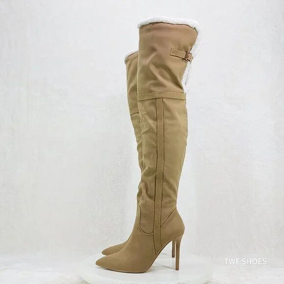 Other Cozy Craze Taupe Nubuck Over The Knee Fleece High Heel Thigh Size US 8.5 / IT 38.5 - 5 Thumbnail