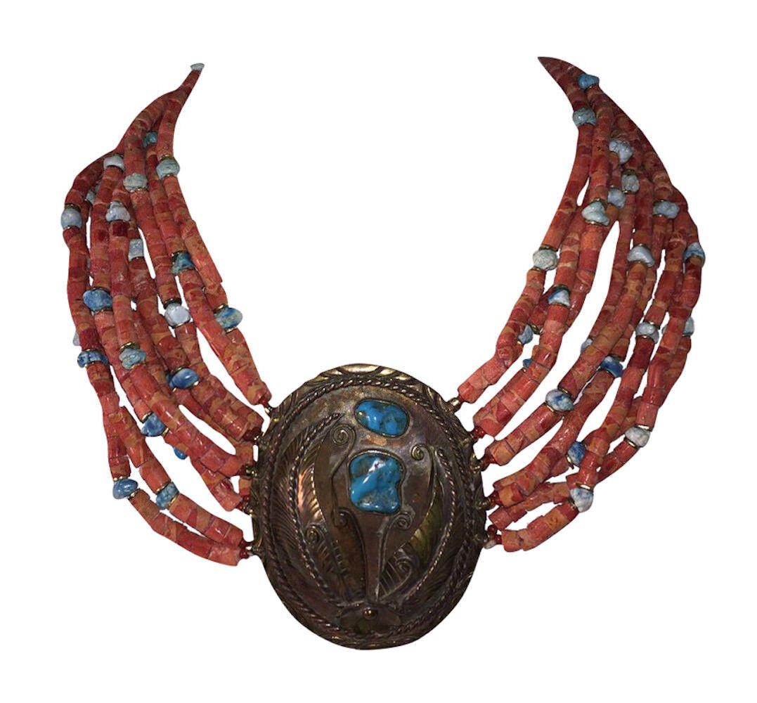 Designer Sponge Red Coral Bead Turquoise Nugget Buckle Necklace Size ONE SIZE - 6 Thumbnail