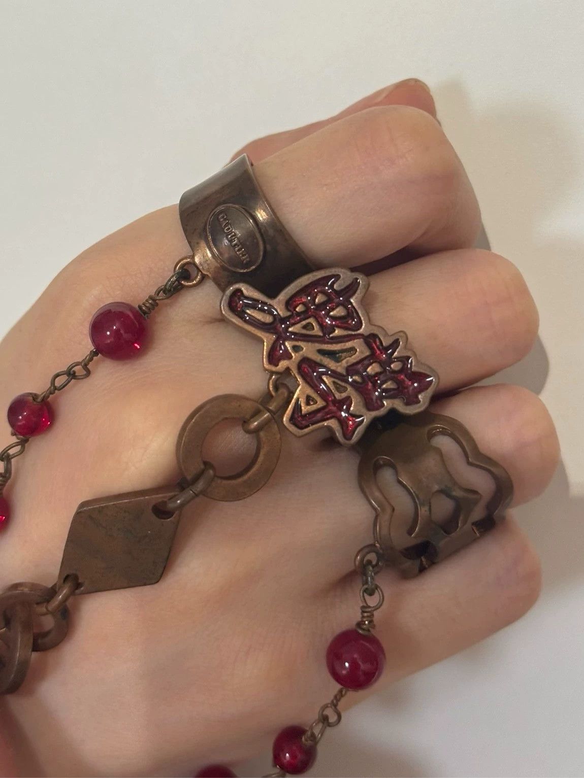 Jean Paul Gaultier JPG 3-in-1 open ring 9/10 antique brass oxidized red bead Size ONE SIZE - 3 Thumbnail