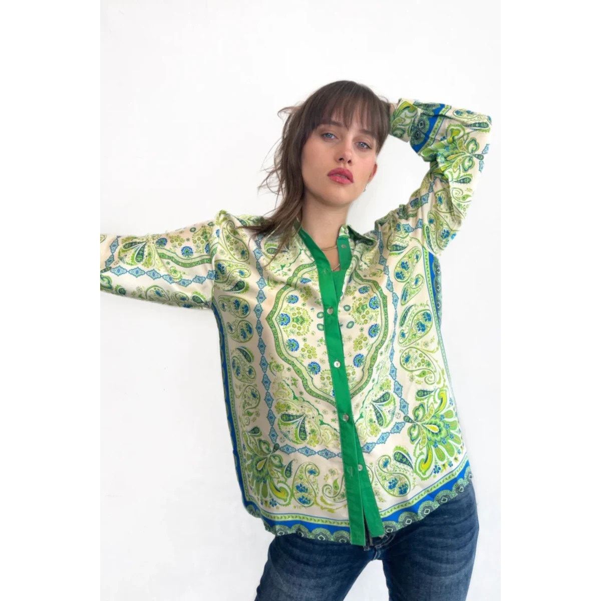 Zara Zara Women's Paisley Print Button-Up Blouse Green Blue Small Size S / US 4 / IT 40 - 1 Thumbnail