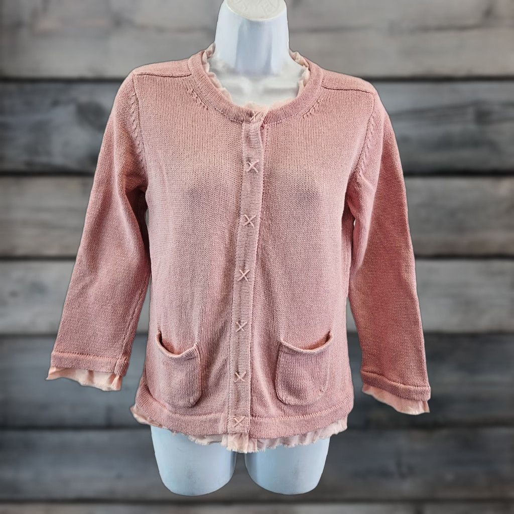 Boden Boden Cardigan Women Knit Cotton 3/4 Sleeve Pink Ruffle Button Sz 8 Size M / US 6-8 / IT 42-44 - 1 Thumbnail