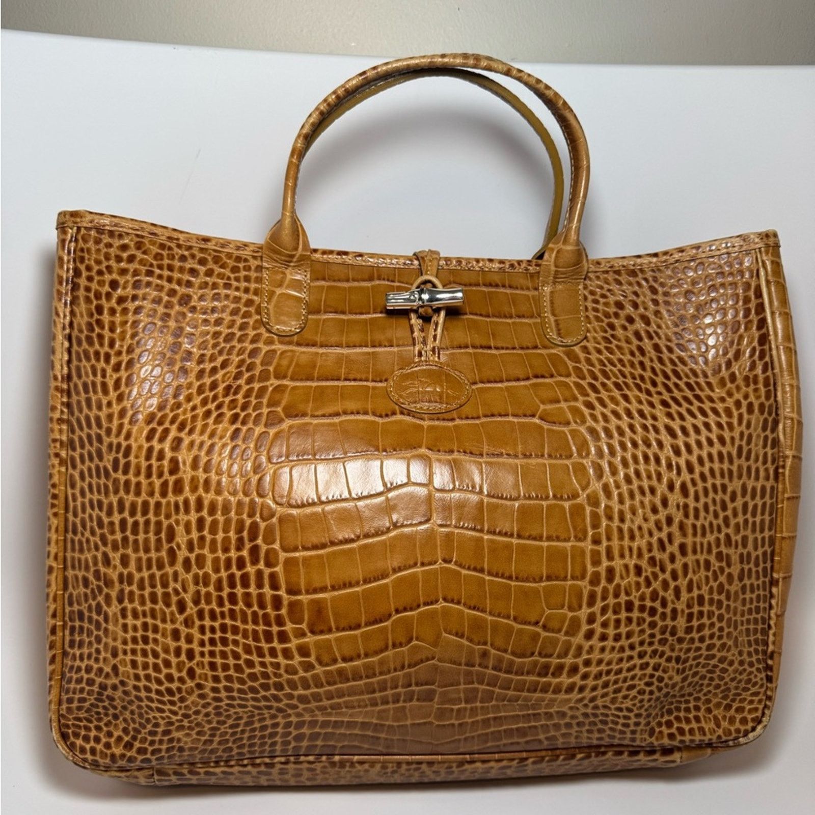 Longchamp Croc Embossed Leather Roseau Tote Bag