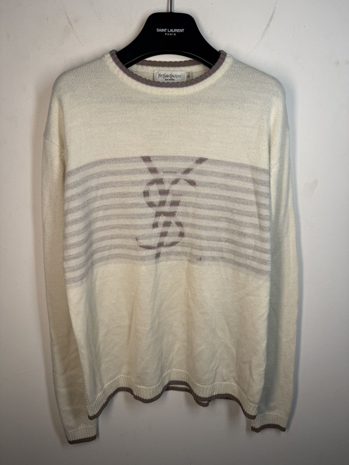 Yves Saint Laurent Beige YSL Sweater Big Logo Lightweight Size US M / EU 48-50 / 2 - 1 Thumbnail