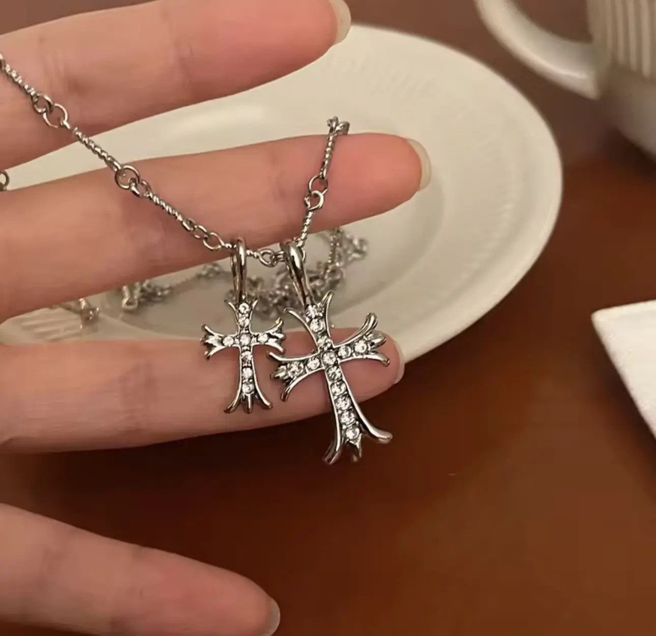 Jewelry Gothic Double Cross Necklace Silver Vintage Necklace Y2K Size ONE SIZE - 1 Thumbnail